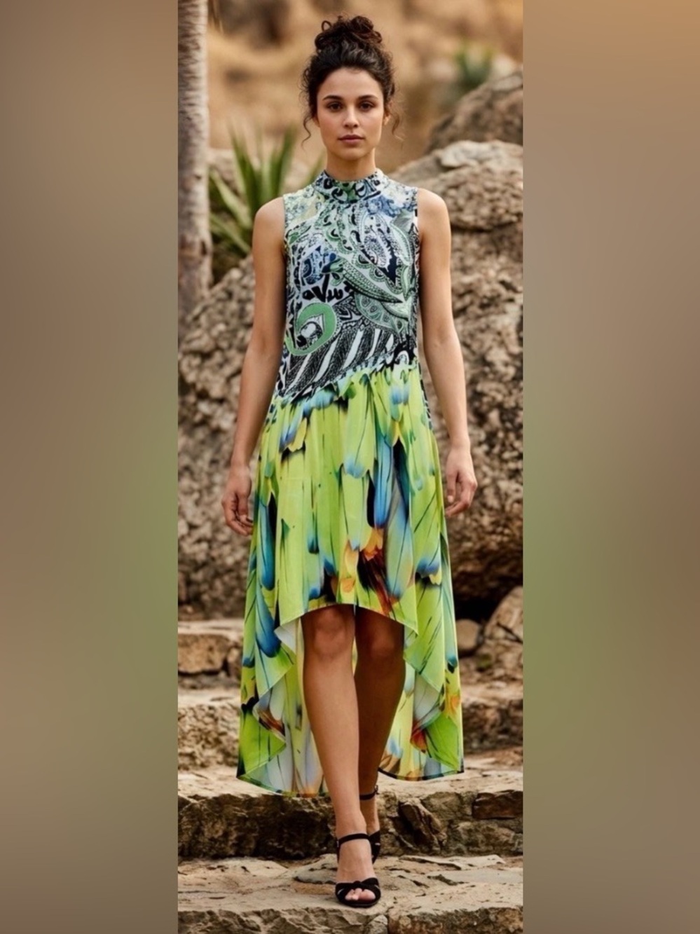 NEW PEACOCK FEATHER PATTERN HI-LO DRESS BY THE PYRAMID COLLECTION RHINESTONES